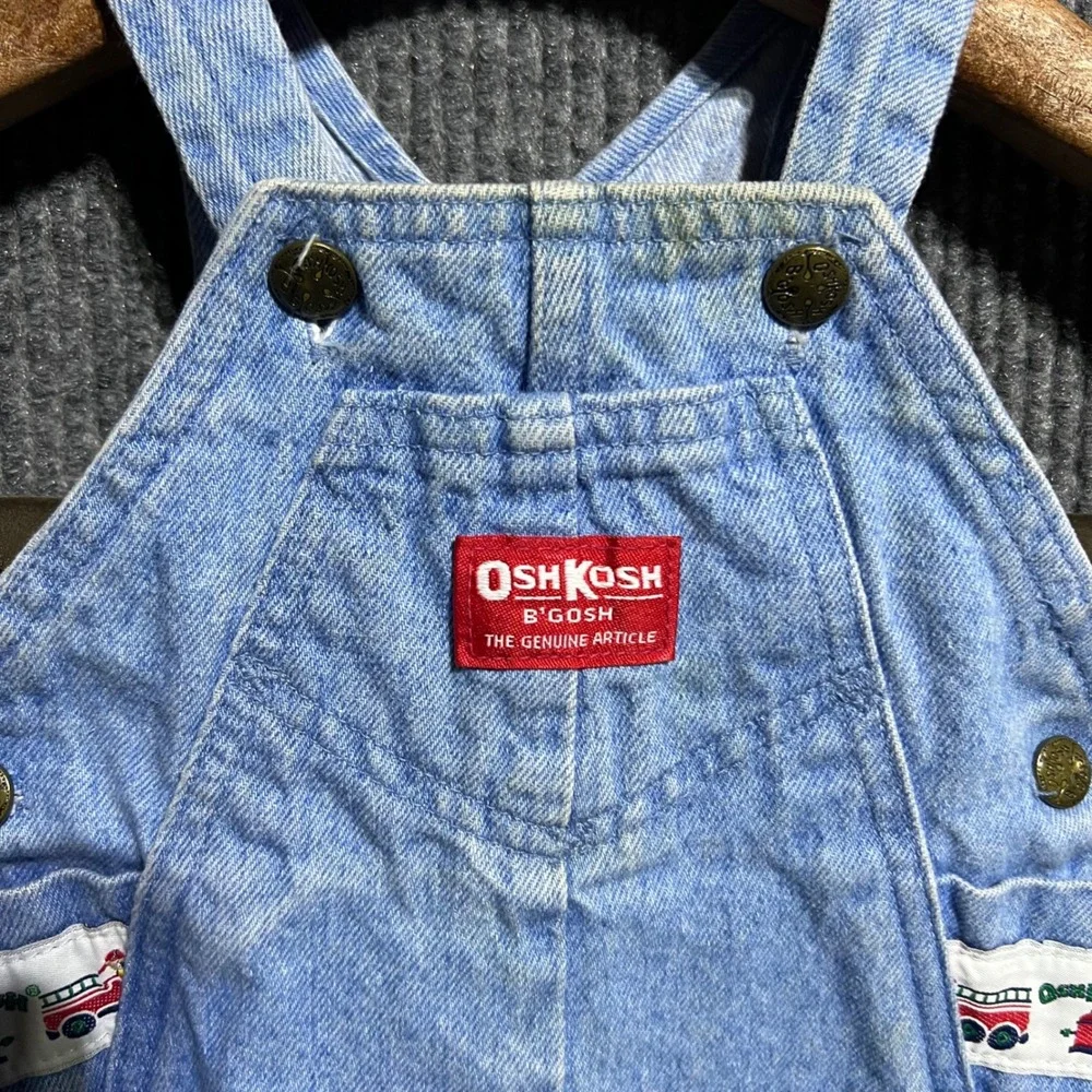Vintage OshKosh B Gosh Overalls Kids 12-18M Blue Fire Truck Denim Bib USA Made